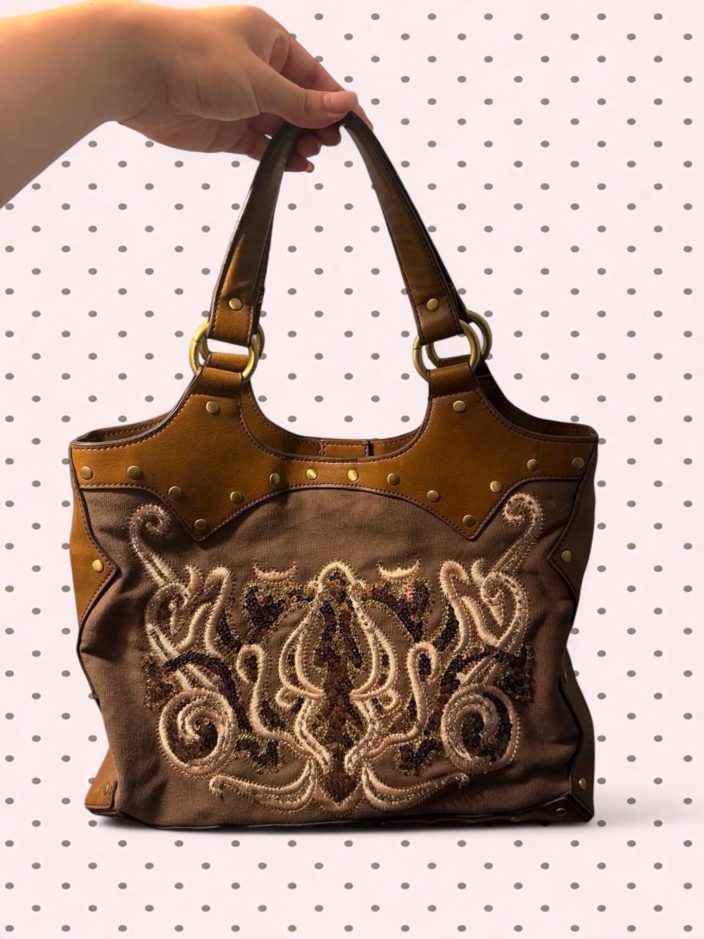 Bohemian/Western: The Limited Brown Embroidered Shoulder Bag with Tan Trim